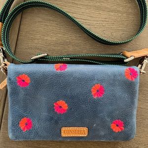 Consuela Blue Crossbody Bag with Pink and Orange Floral Accents